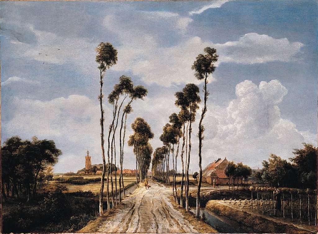 London National Gallery Next 20 10 Meindert Hobbema - The Avenue at Middelharnis Meindert Hobbema - The Avenue at Middelharnis (1689, 104 x 141 cm). The tall, thin poplar trees on either side dominate the painting, getting smaller and smaller as they get further away, giving a feeling of depth and distance. Beneath the large expanse of sky, a hunter is out with his dog, a couple talks in a lane, and a man prunes his crop of hops. The patches of shadow tell us that the sun is high to the left.